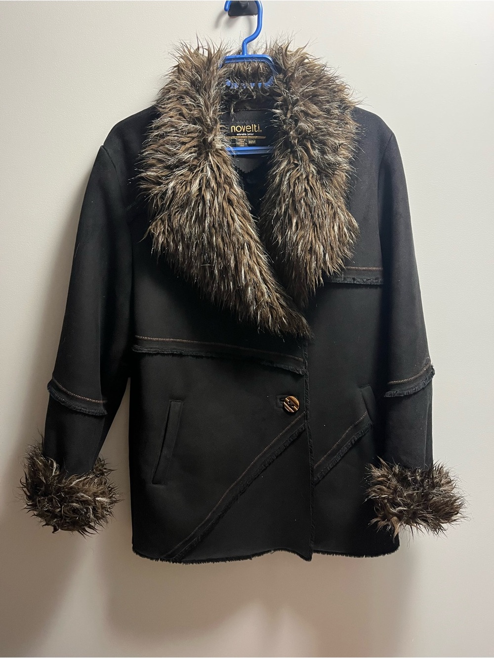 Novelli Black Faux-Fur Trim Pea Coat